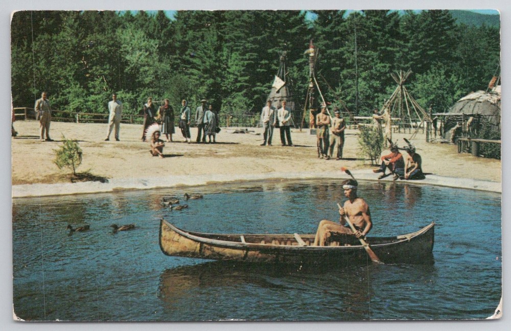 1955 Lake George NY Indian Village Canoe Teepee Chrome Postcard Posted
