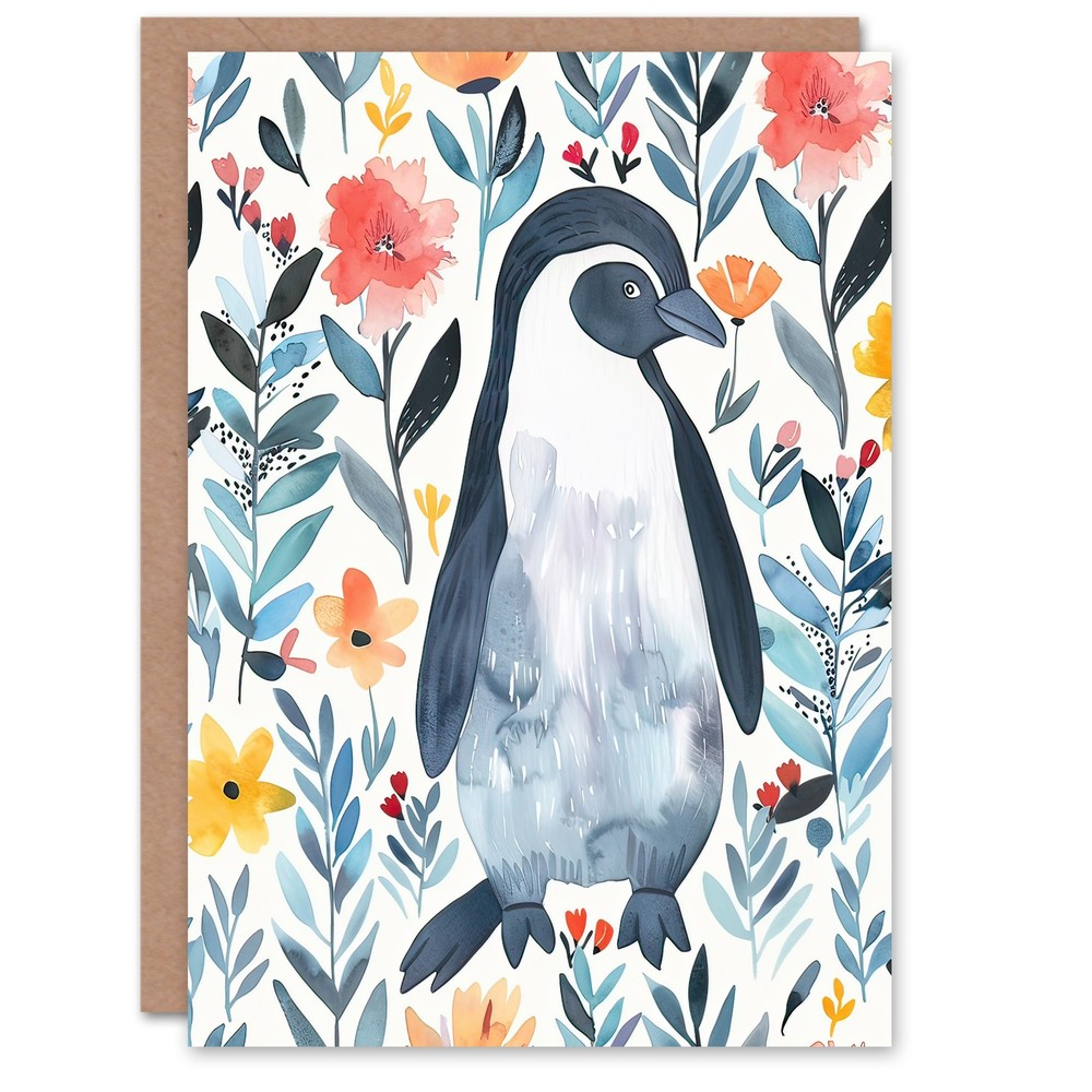 Greeting Card Shy Penguin in Flower Garden Bright Floral Birthday