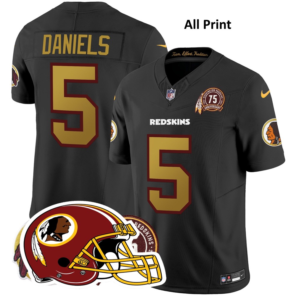 Washington Redskins #5 Jayden Daniels 75th Patch Throwback Jersey All Print  