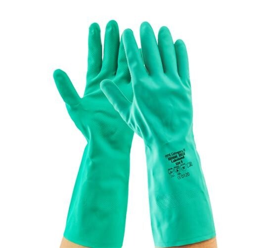 12 PAIR GREEN 15 MIL Flock Lined Chemical Resistant Cleaning Nitrile Gloves