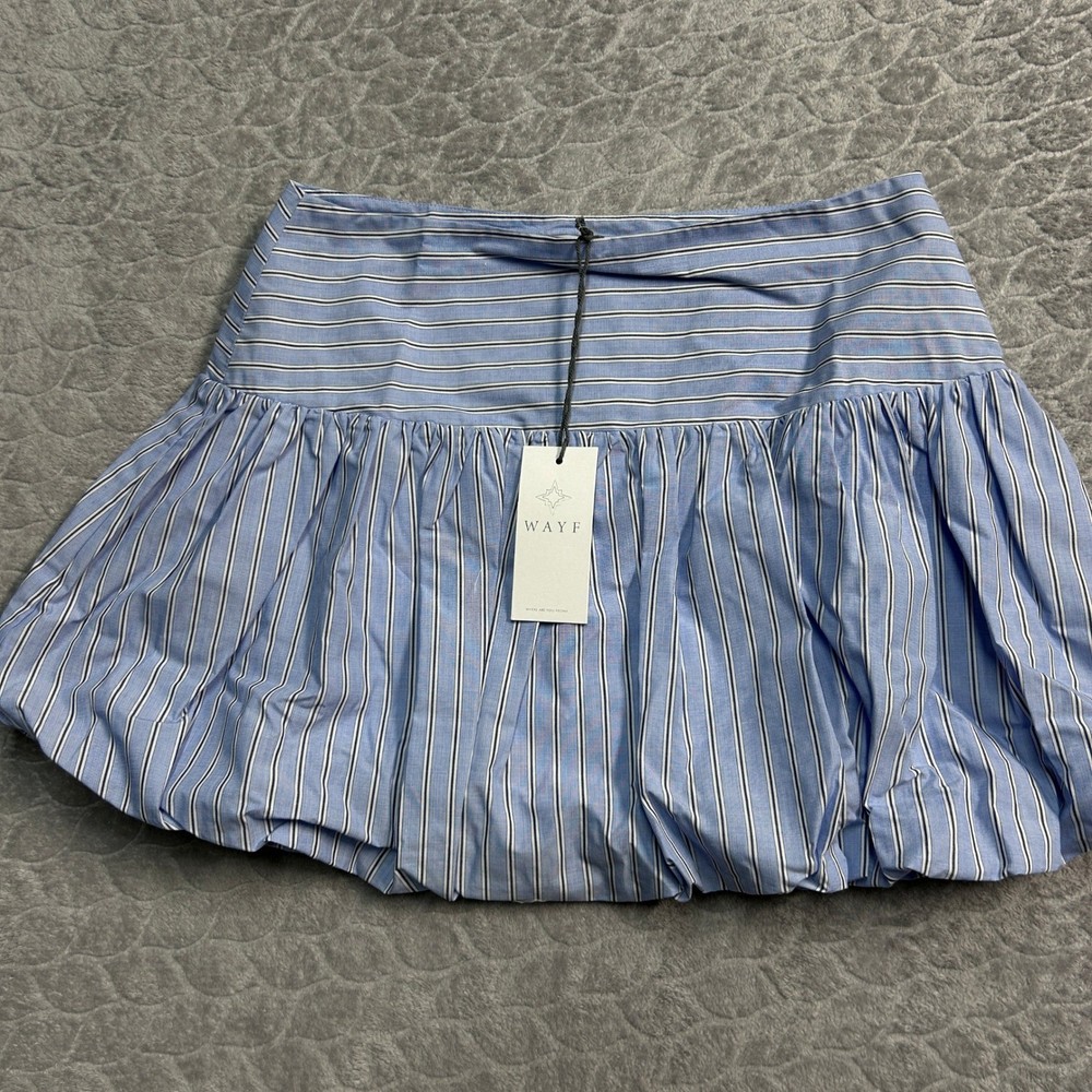 WAYF Striped Bubble Hem Mini Skirt Blue White Stripes Size Large