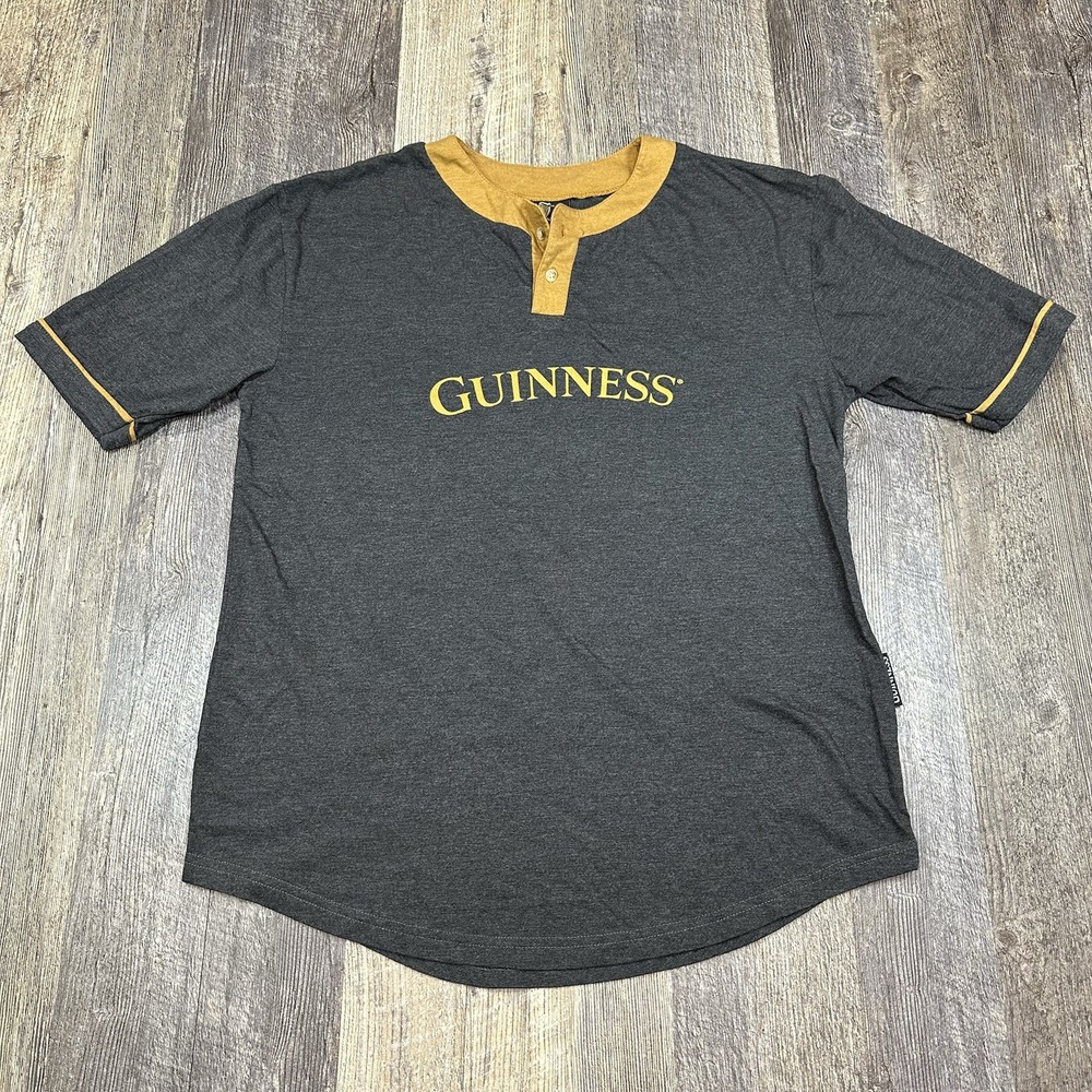 Guinness Beer Shirt XL Henley Graphic Tee Gray Gold Trim Short Sleeve T-Shirt