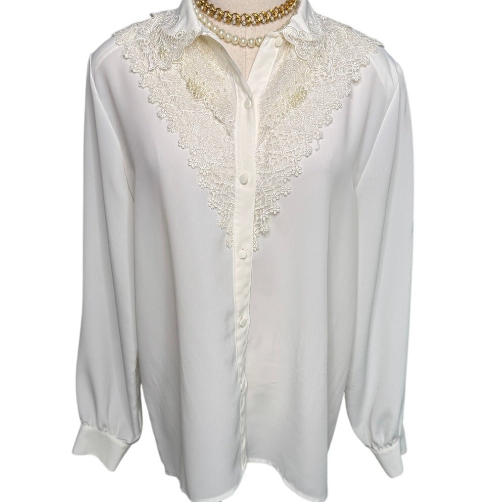 Vintage Kathy Che beaded lace collar secretary blouse white size 12 large