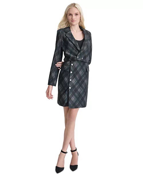 DKNY Plaid-Print Notch-Collar Blazer Dress Size 12