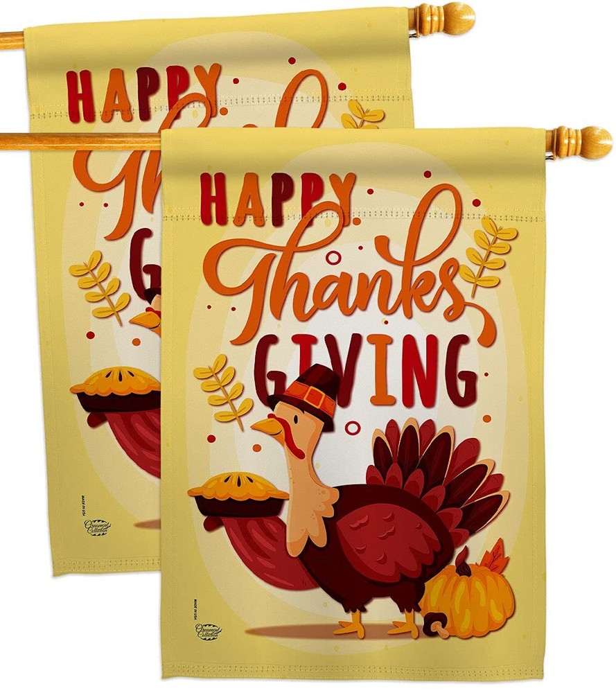 Happy Thanksgiving Fall House Flag 2-Pack Turkey Gobble Pumpkin Decor