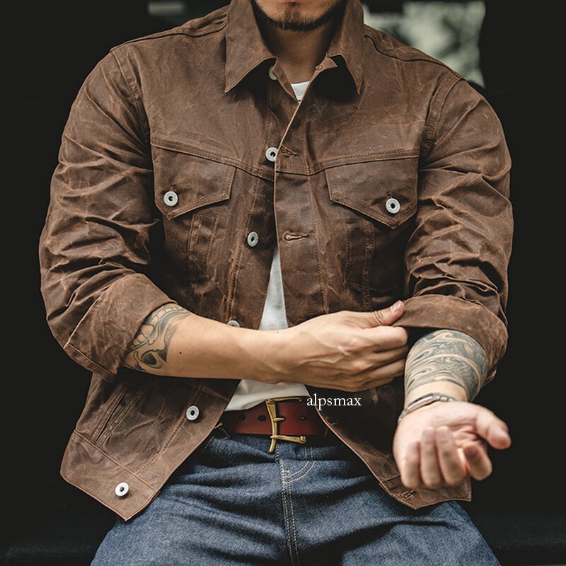Men's Oil Waxed Canvas Jacket Motorcycle Vintage Slim Work Overalls Casual Coats