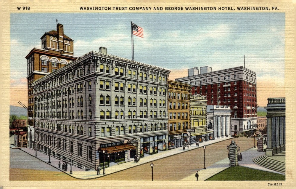 1940s Washington Trust Co & George Washington Hotel Washington PA Linen Postcard