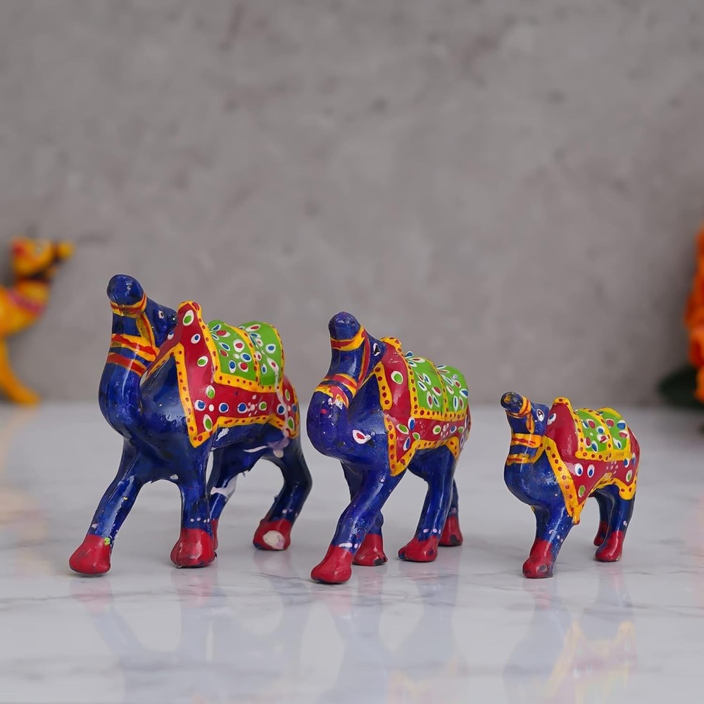 Set of 3 Multicolor Handcrafted Camel Statues Showpiece for Home, Office Decor