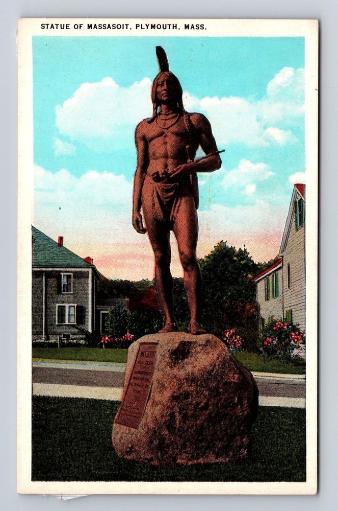 Plymouth MA-Massachusetts, Statue of Massasoit, Vintage Postcard