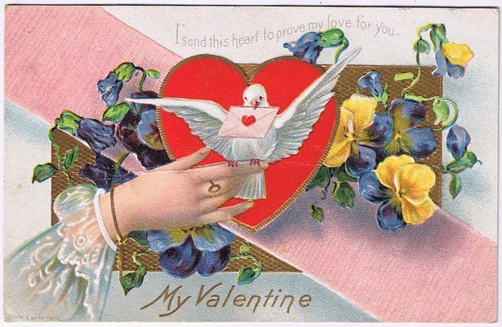 Postcard Embossed My Valentine Heart Dove Letter Hand