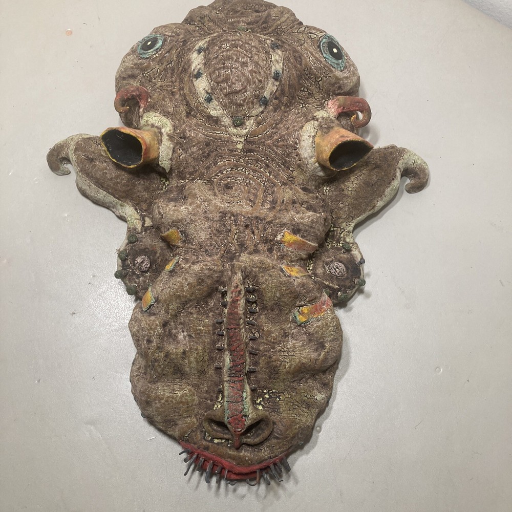 Unique Horror Mask Art Sculpture Clay Abstract Display 21x15 Inches-image