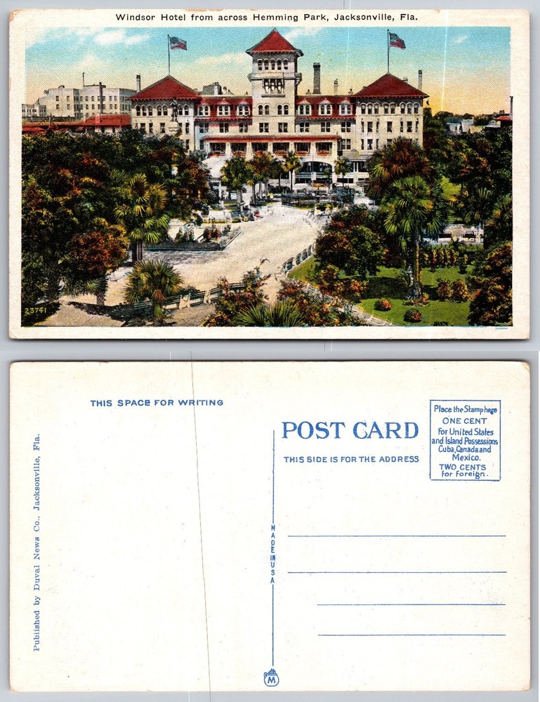 Windsor Hotel Hemming Park Jacksonville FL Vintage Postcard 1920s Florida
