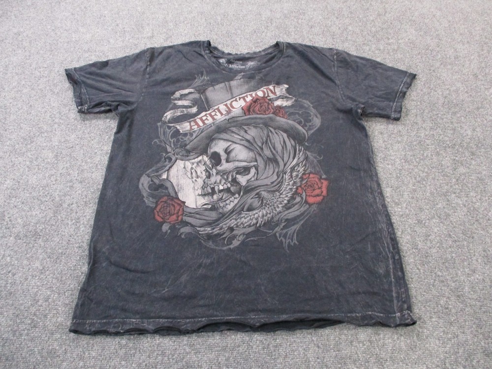 Affliction Shirt Mens 2XL Black Skull Rose Graphic Distressed USA Made Y2K