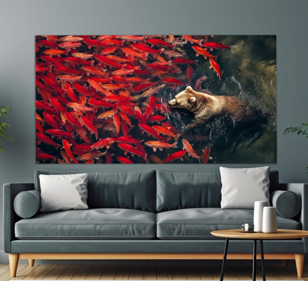 Abstract Fishing Bear Painting Animals Unframed Canvas Print Australian Wall Art