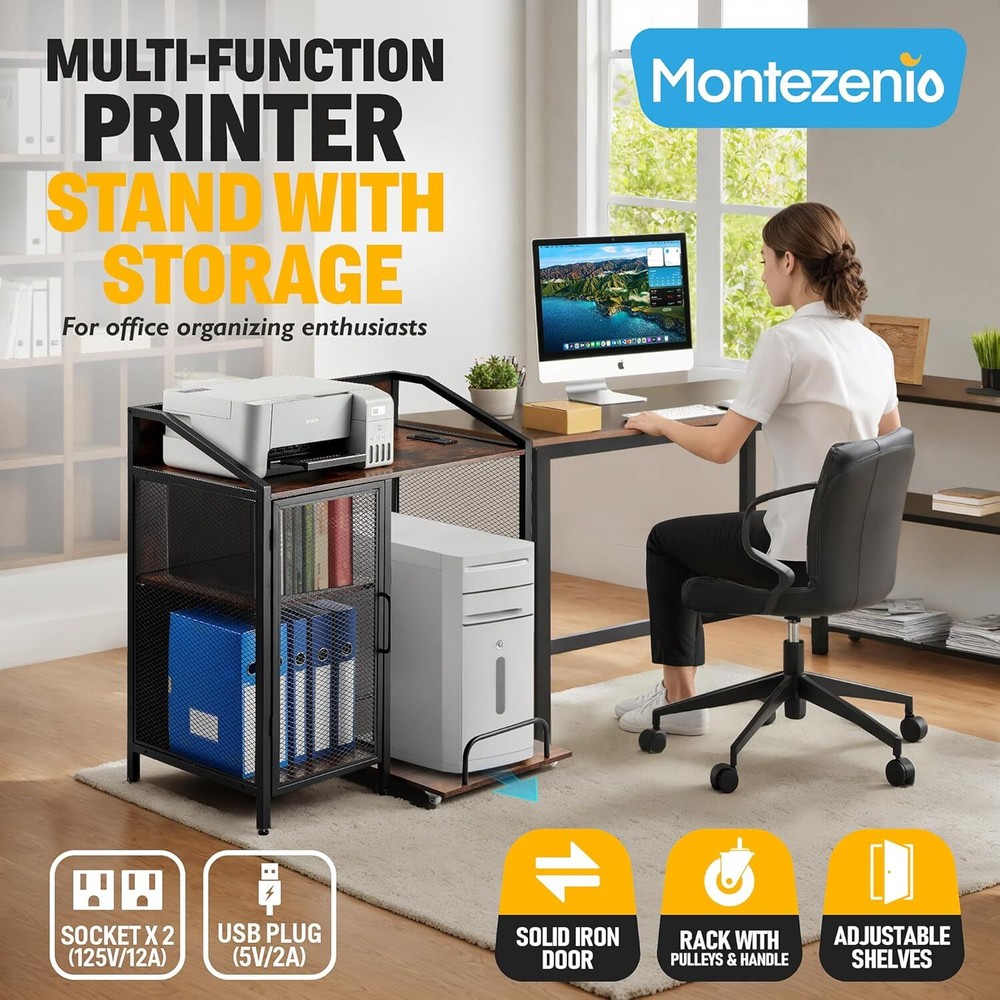 Printer Stand with Drawer & Adjustable Shelf with Wheels for Home Office