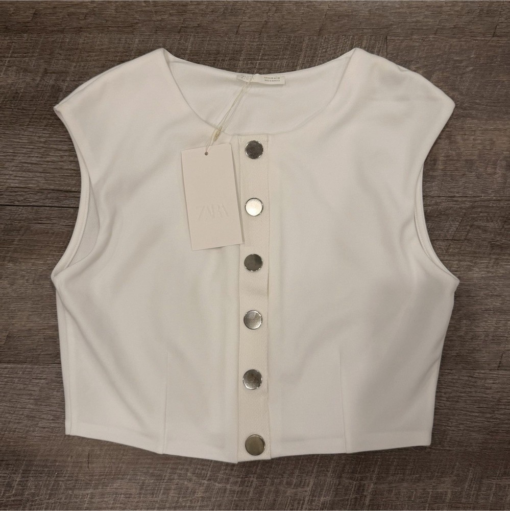 Zara White Crop Vest Top Size M NWT Sleeveless Button Front Structured Minimalis