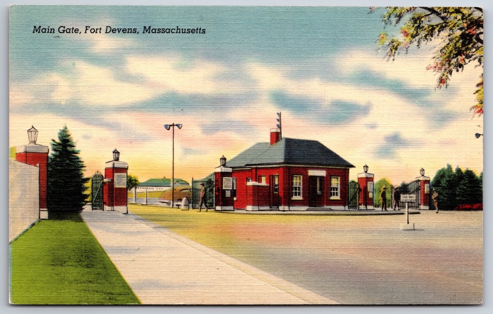 Military~Fort Devens Massachusetts~Main Gate Entrance~Vintage Linen Postcard