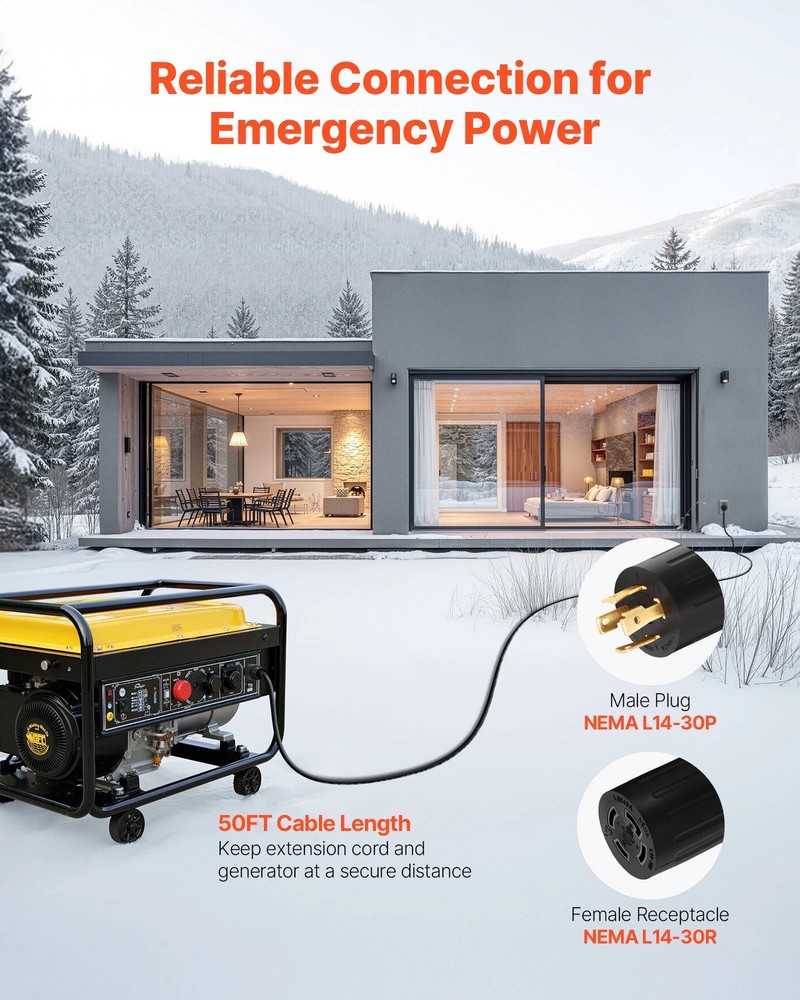 30 Amp Generator Cord and Power Inlet Box, 50 FT, 125/250V NEMA L14-30P to L14-
