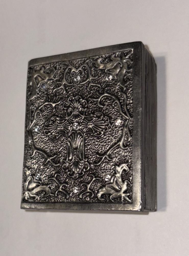 Silver Pewter Hinged Trinket Small Trinket Box Magnet Close Book Intricate Lid