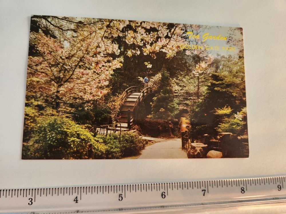 Man on Bridge Flower Trees Sidewalk Vtg Postcard Unposted Japanese Tea Garden