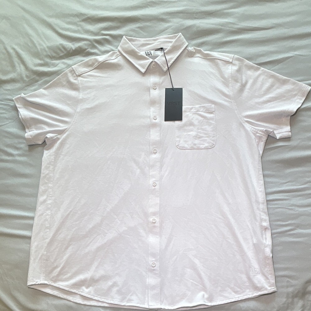 VRST Men’s White Solid Short Sleeve Button-Up Point Collar Polyester Knit XL