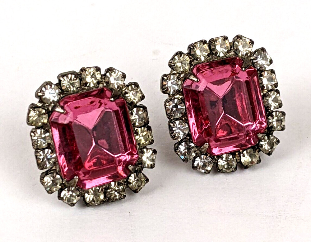 Vintage Emerald Cut Pink Crystal Rhinestone Prong Set Silver Tone Stud Earrings