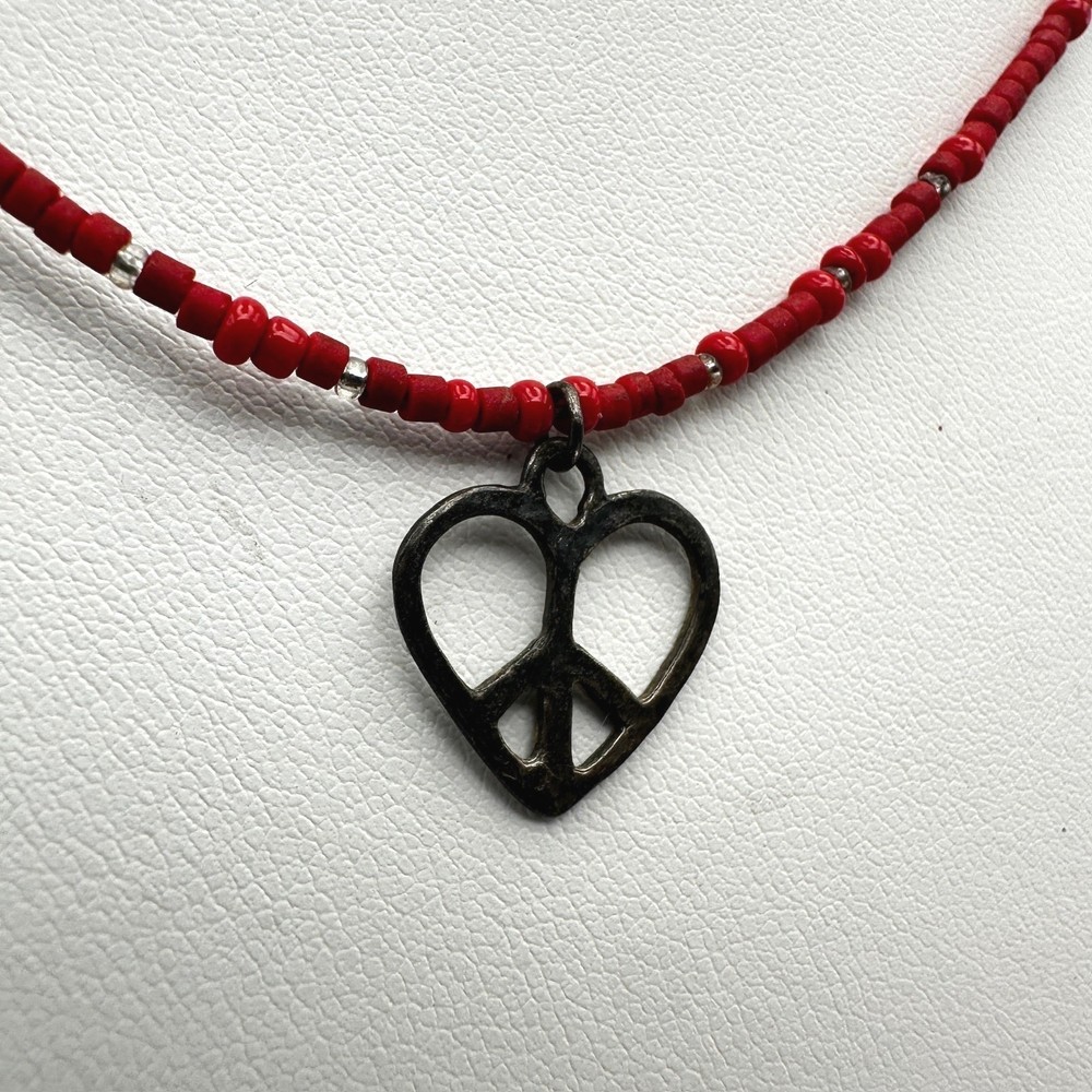 Vintage 90s Red Bead Heart Pendant Necklace Silver Tone Women's Jewelry