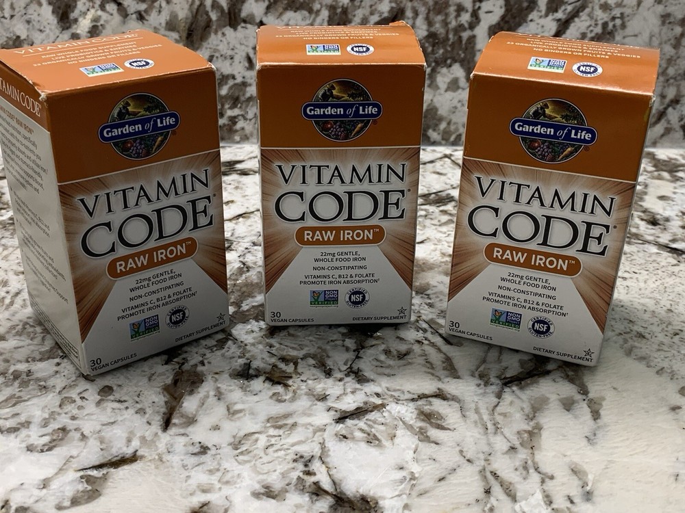 Garden of Life Vitamin Code RAW Iron Vegan Capsules Gluten-Free Kosher 3 Pack