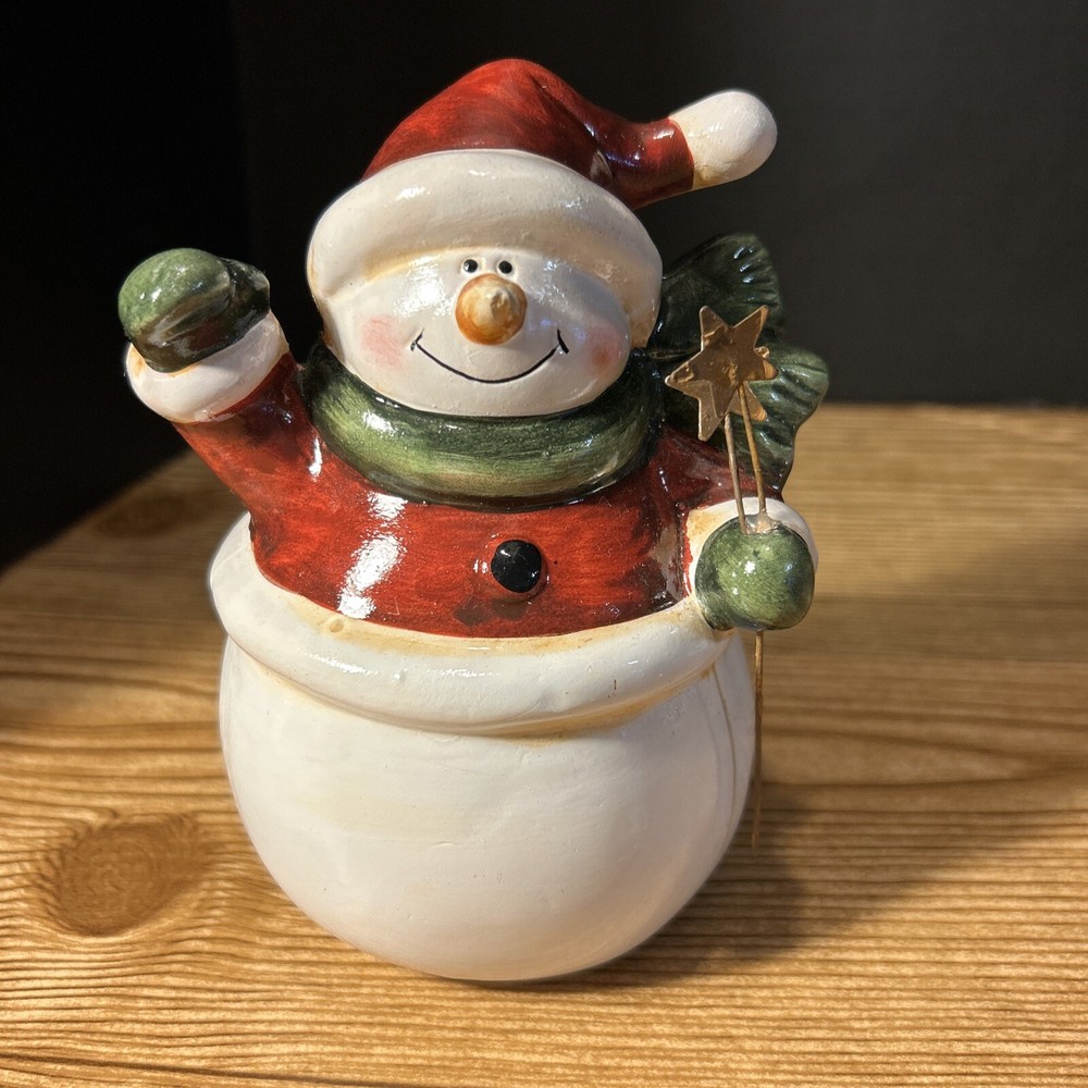Glazed Pottery Snowman Statue 6” Tall Rustic Winter Decor