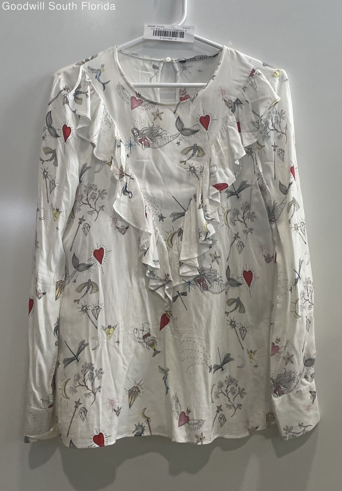 Zara Womens Multicolor Heart Mermaid Print Long Sleeve Ruffle Blouse Top Size S