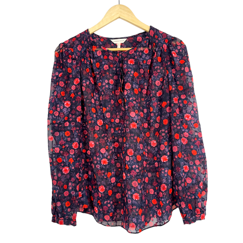 Rebecca Taylor Silk Cotton Floral Sheer Blouse Long Sleeve Size 8 Boho Artisan