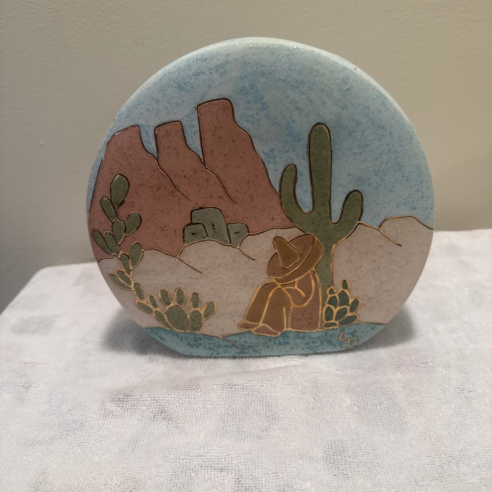 Southwest Pottery Vase Desert Cactus Mexican Ceramica Aljesa Gold Trim Vingtage
