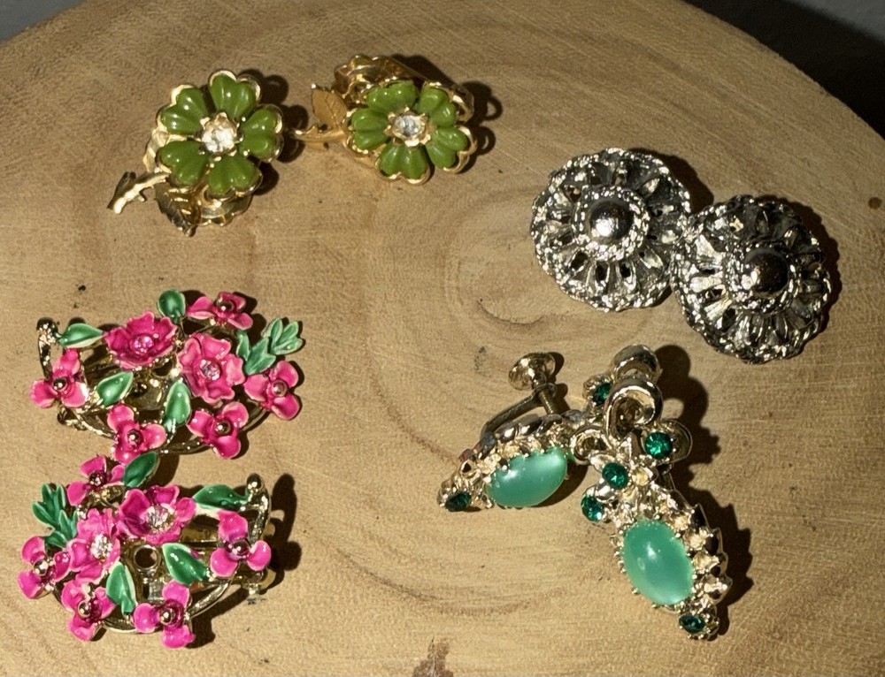 Vintage Clip On Earrings Lot Floral Enamel Rhinestone Mid Century Beautiful!