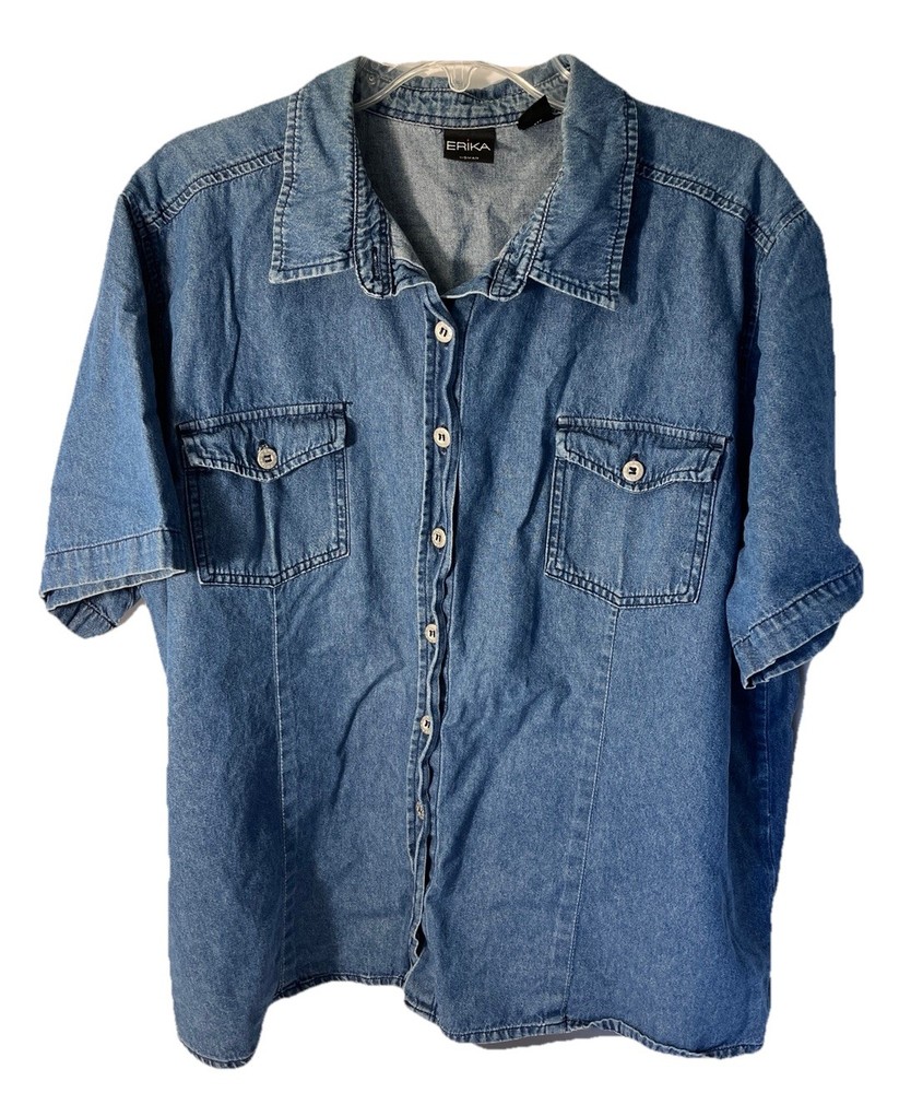 Erika  Woman’s Denim Shirt Button Up Sz 3X Short Sleeves 2 Pockets 100% Cotton