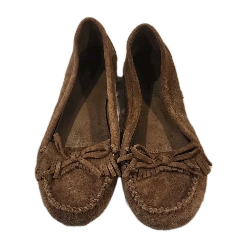 Minnetonka Suede Fringe Moccasins Womens Sz 7 Leather Softsole Loafers Slip-On