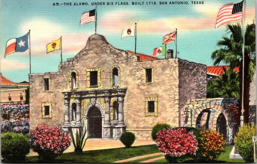 Dr Jim Stamps The Alamo San Antonio Texas Vintage Postcard Under Six Flags