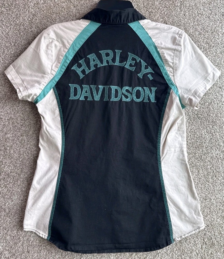 Harley Davidson Womens Size Medium Short Sleeve Zip Up Embroidered Garage Shirt