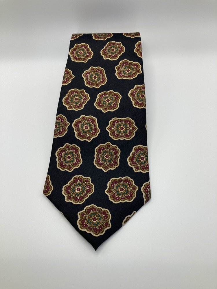 Claybrooke Necktie Black 100% Silk Medallions Burgundy/Green/ Gold Handmade Tie