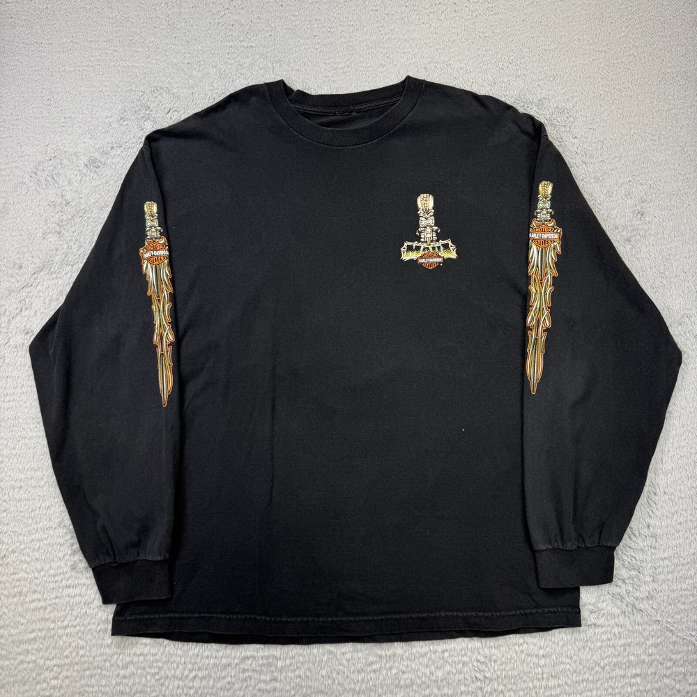 Harley Davidson 2XL t shirt Maui Hawaii Totem Tiki Black Long graphic sleeves