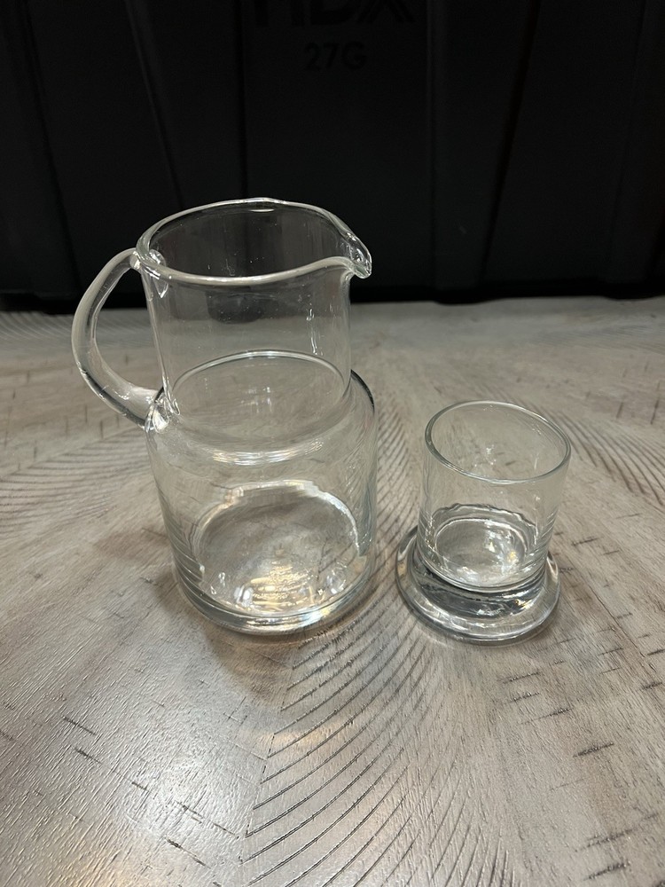Glass Bedside Water Pitcher Carafe Tumble Up with Applied Handle & Cup 7.5” T