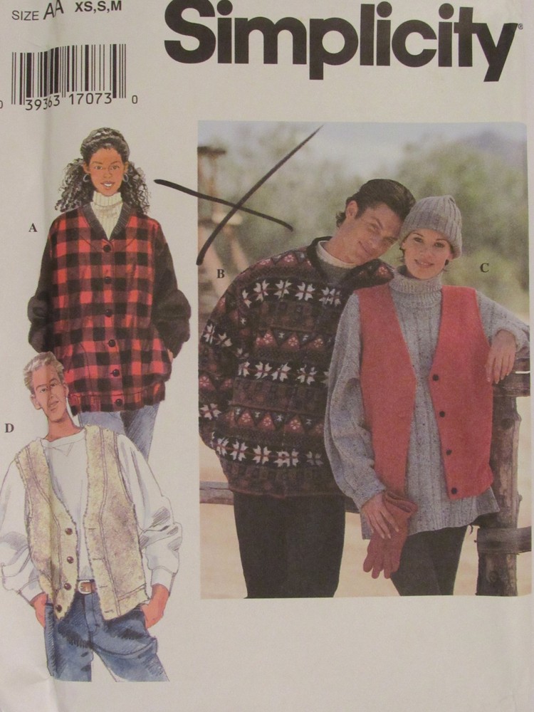 OOP SIMPLICITY 9727 Mens/Misses/Teens Jackets & Vests PATTERN XS-S-M UC