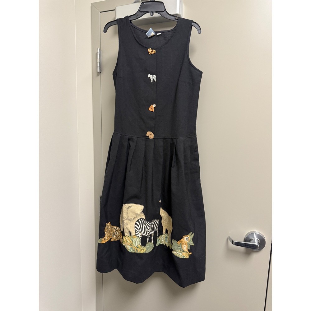 Vintage Button Heads Black Safari Animal Print Pleated Midi Dress Women's Size 8