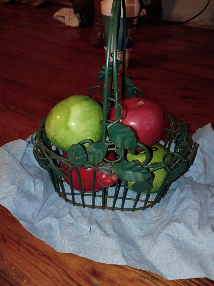 Vintage Green Metal Fruit Basket with Adorned with Leaves and Apples