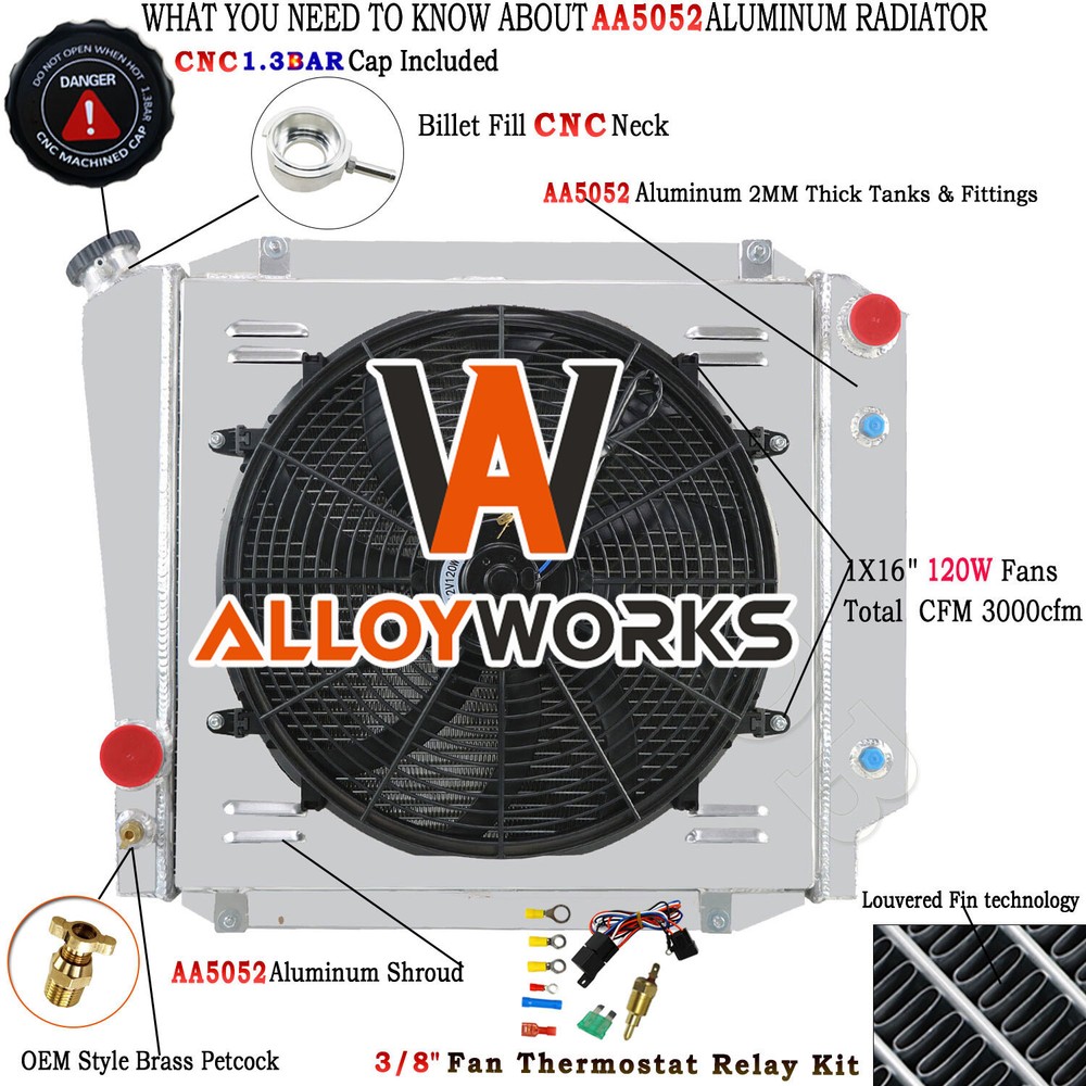 Aluminum 3 Row radiator shroud fan for 1966-1977 Ford EARLY BRONCO 5.0L V8