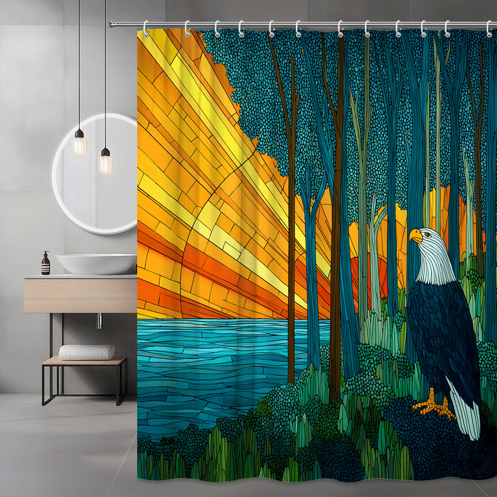 Eagle Forest Sunset Shower Curtain, Stained Glass Style Print