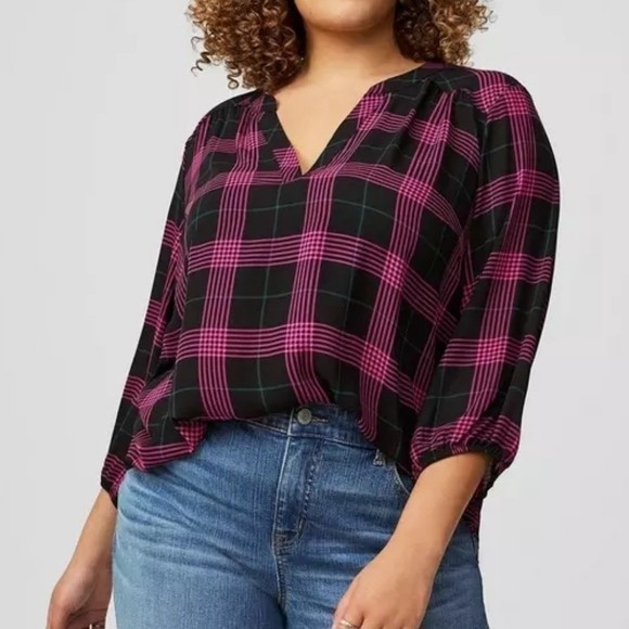 Torrid Size 1X Harper 3/4 Sleeve Pullover Blouse Black Hot Pink Plaid Valentines