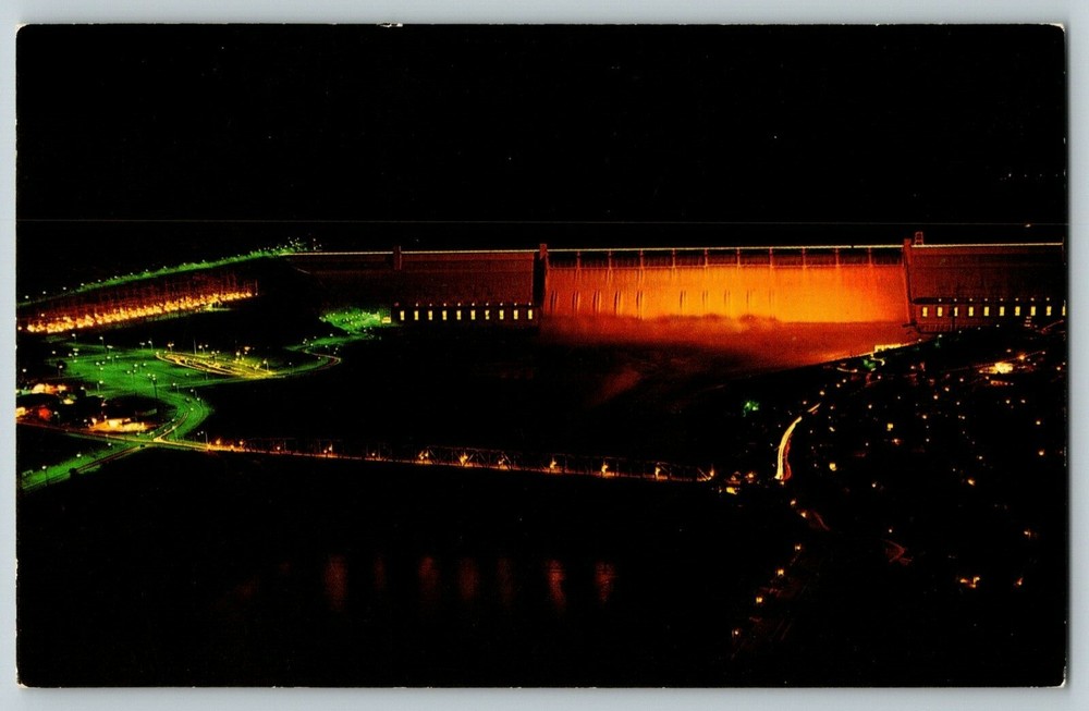 Postcard View of Grand Coulee Dam at Night Columbia River Washington