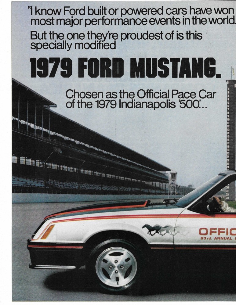 Jackie Stewart Ford Mustang Indianapolis 500 Pace Car 2 Page Original Print Ad