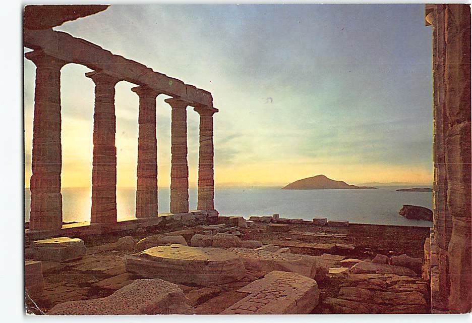 Postcard The sunset at the temple of Neptune Sounion Greece