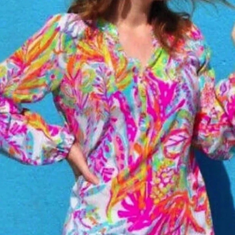 Lilly Pulitzer Elsa Scuba to Cuba Long Sleeve Silk Blouse Top Pink Multi Women L